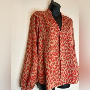 Buttons~Animal Print V-Neck Tunic Top~Long Sleeve~Orange & Tan~Slip-On~Size S